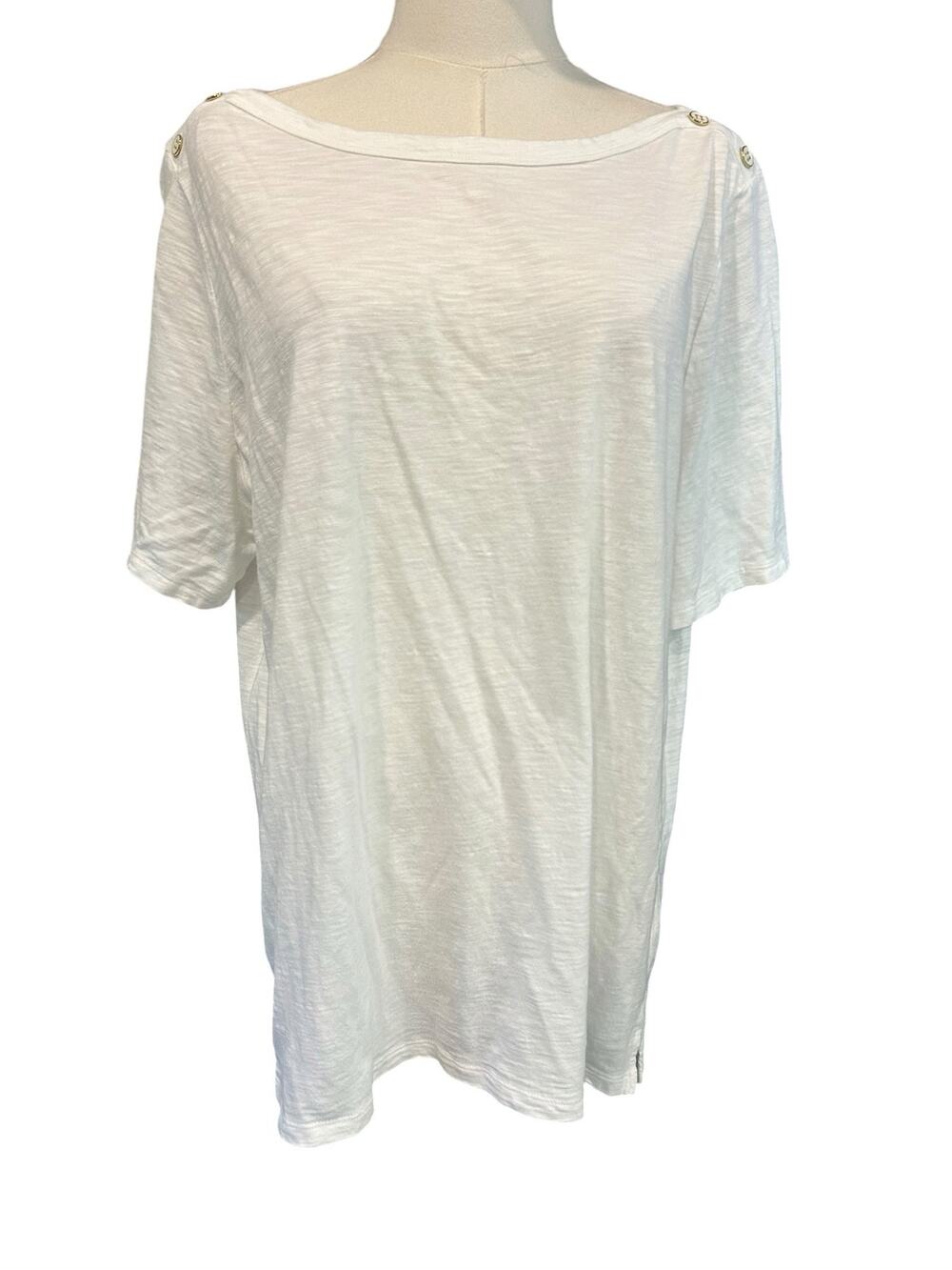 Talbots Plus 1X White Slub Knit Boat Neck Button Shoulder Top Cotton Modal